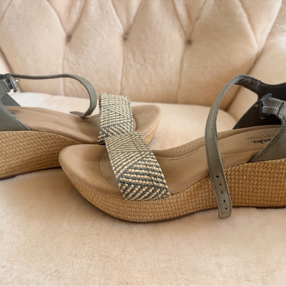 Clarks Women's Wedge Sandals - Olive and Beige - Picture 3 of 5